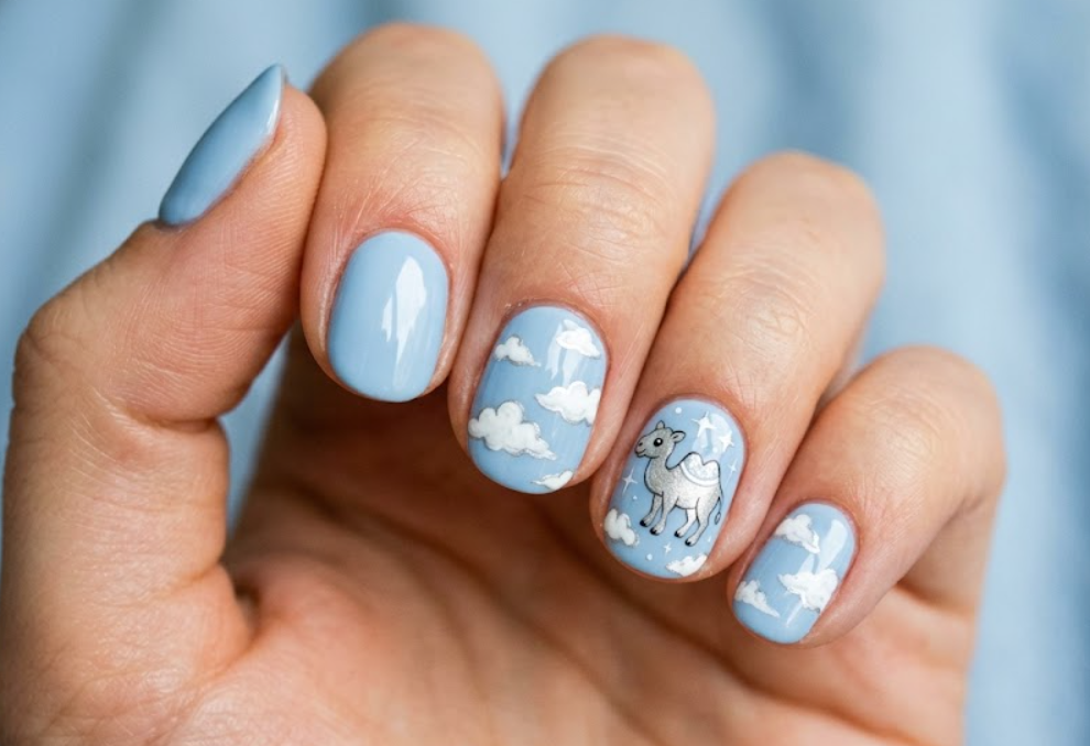 In this image, coral nails with a rust-orange cartoon camel and sunset