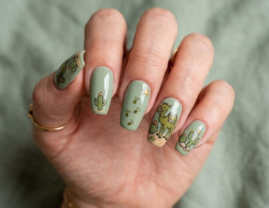 imageIn this image, sage green nails with an olive cartoon camel and cactus