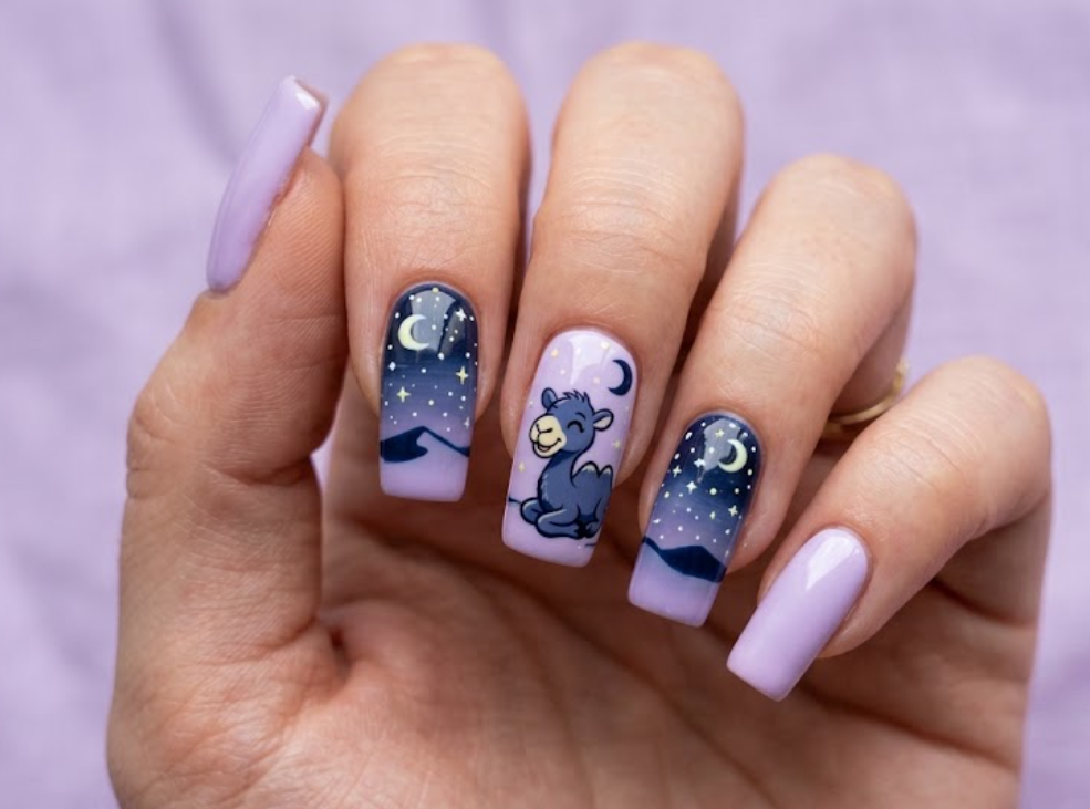 imageIn this image, lilac nails with a midnight blue cartoon camel and stars