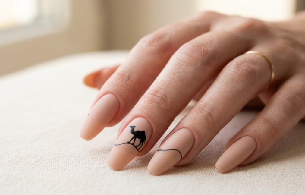 In this image, nude nails with a black cartoon camel silhouette