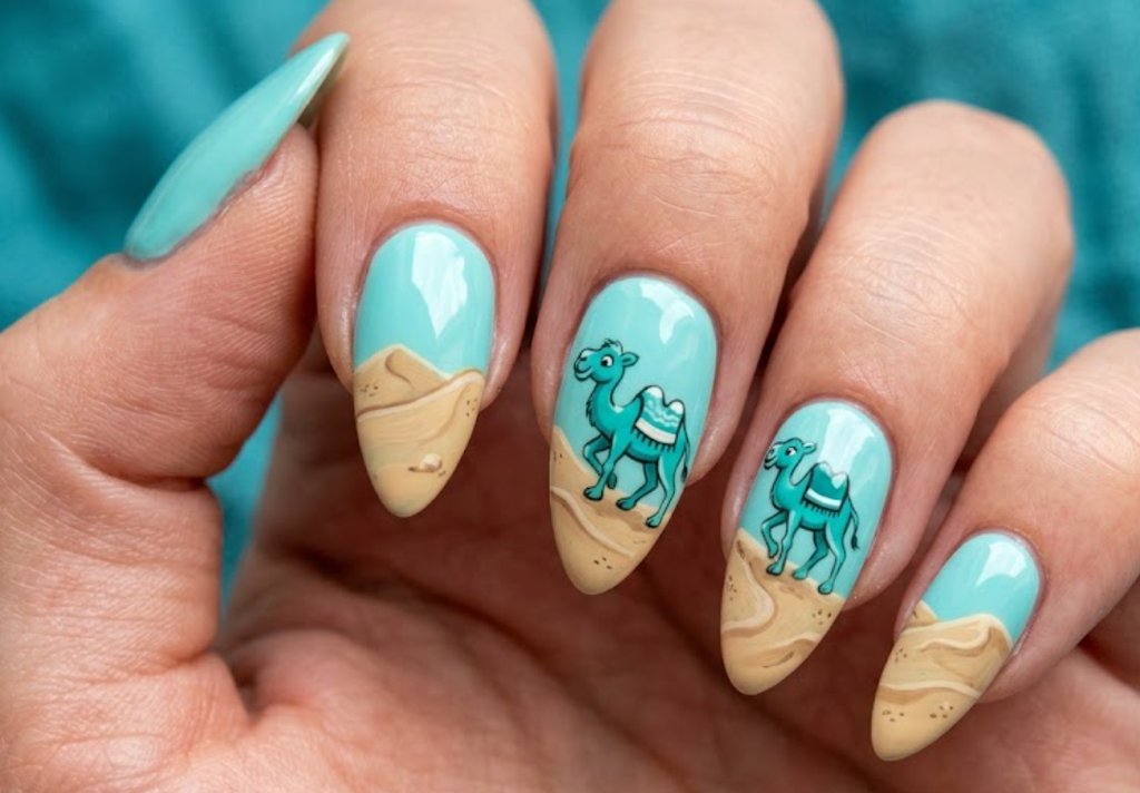 In this image, turquoise nails with a teal cartoon camel crossing desert dunesIn this image, turquoise nails with a teal cartoon camel crossing desert dunes