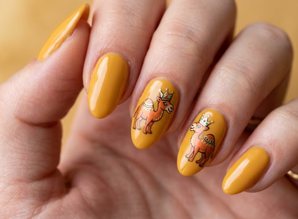 In this image, honey yellow nails with a crowned copper cartoon camel