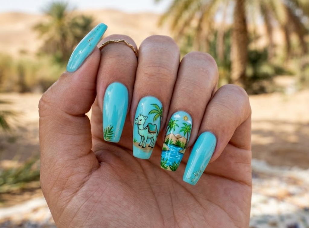 In this image, aqua nails with a mint cartoon camel beside a desert oasis
