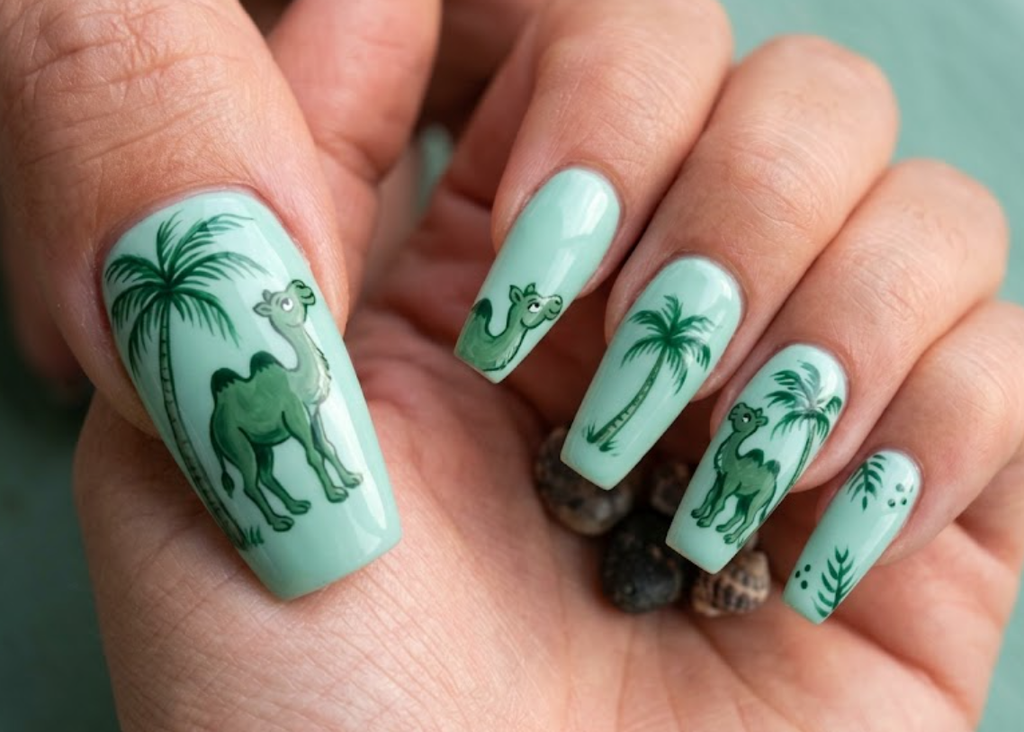 In this image, seafoam nails with a forest green cartoon camel and palm treee