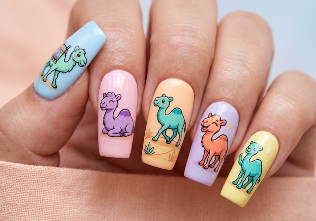 In this image, pastel rainbow nails with multicolor cartoon camel characters