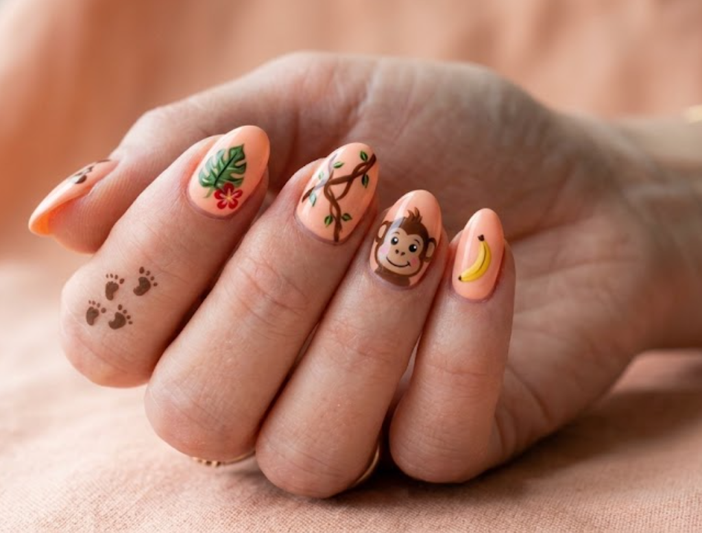 In this image, peach nails with a cute smiling brown cartoon monkey