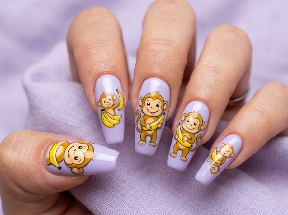In this image, lavender nails with a cartoon monkey holding a banana