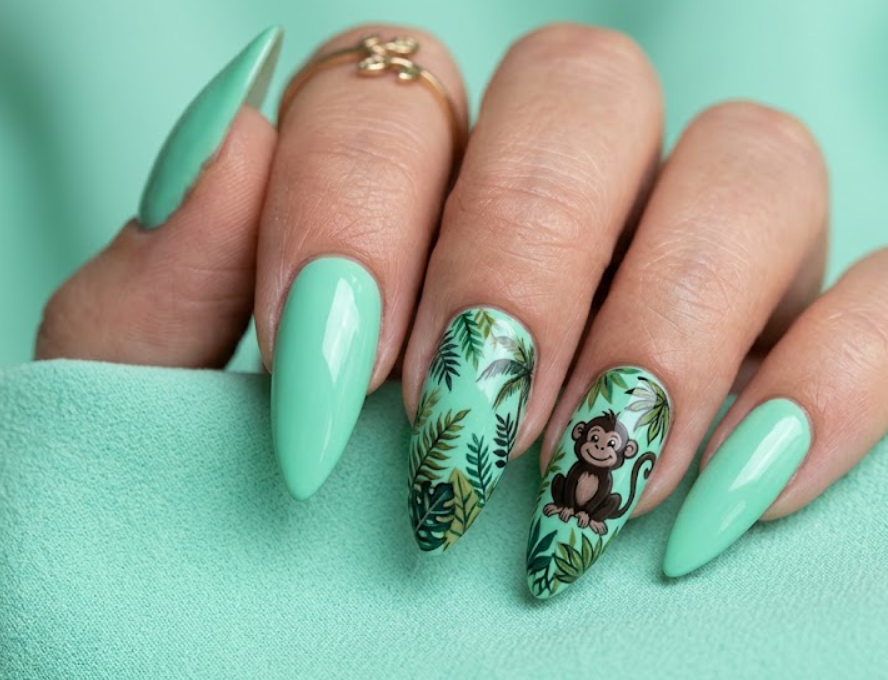 In this image, mint green nails with a cartoon jungle monkey