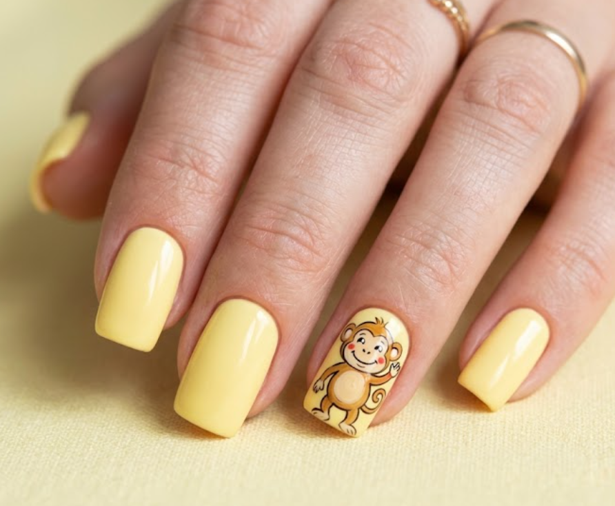 In this image, butter yellow nails with a waving cartoon monkey
