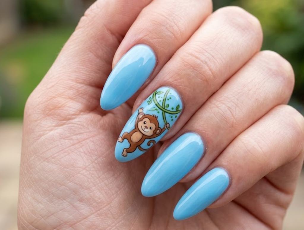 In this image, sky blue nails with a swinging cartoon monkey