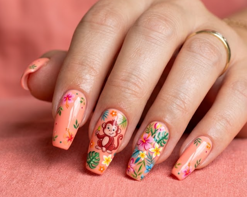 In this image, coral nails with a cartoon monkey and tropical flowers