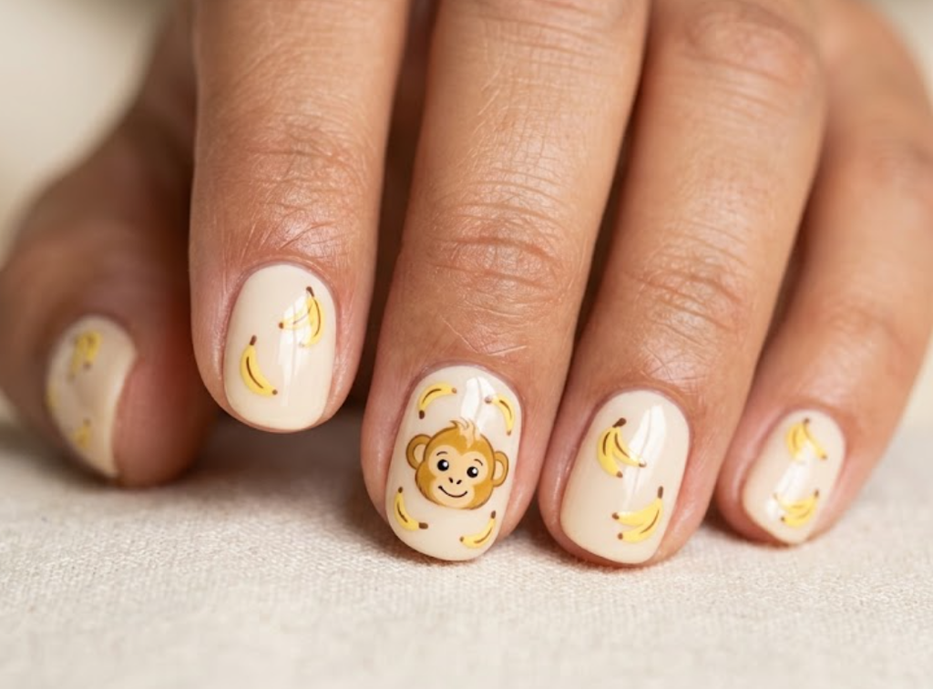 In this image, cream nails with a cartoon monkey face and bananas