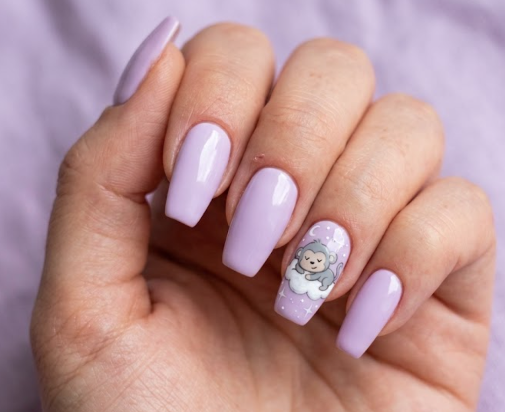 In this image, lilac nails with a sleeping cartoon monkey