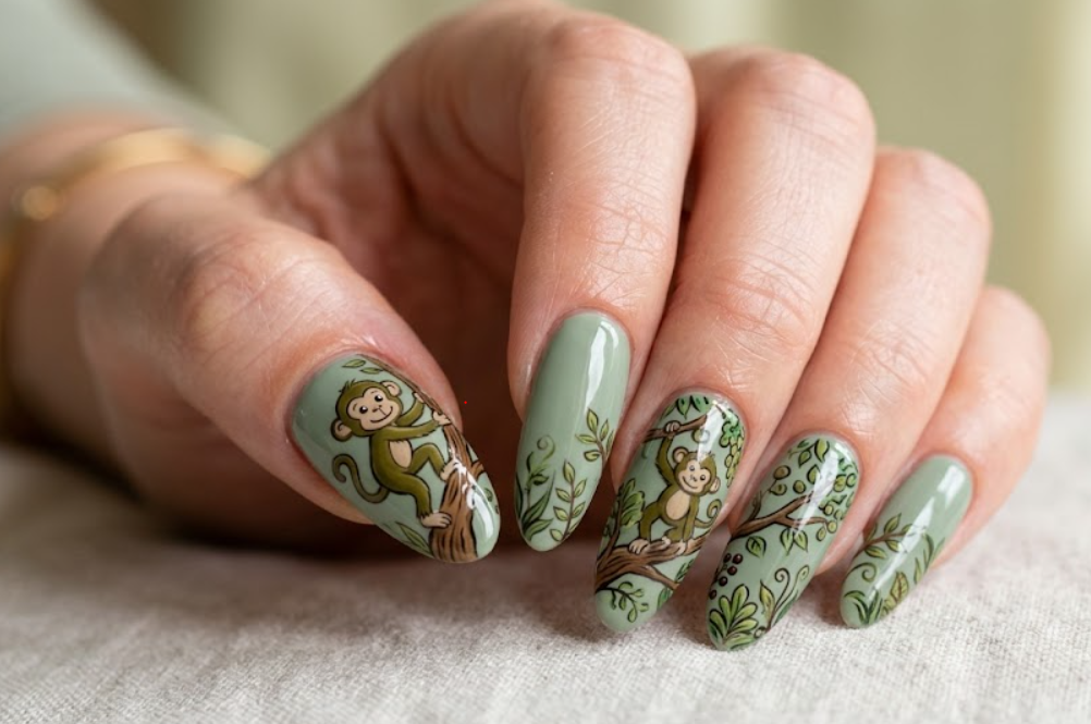 In this image, sage green nails with a cartoon monkey climbing a tree