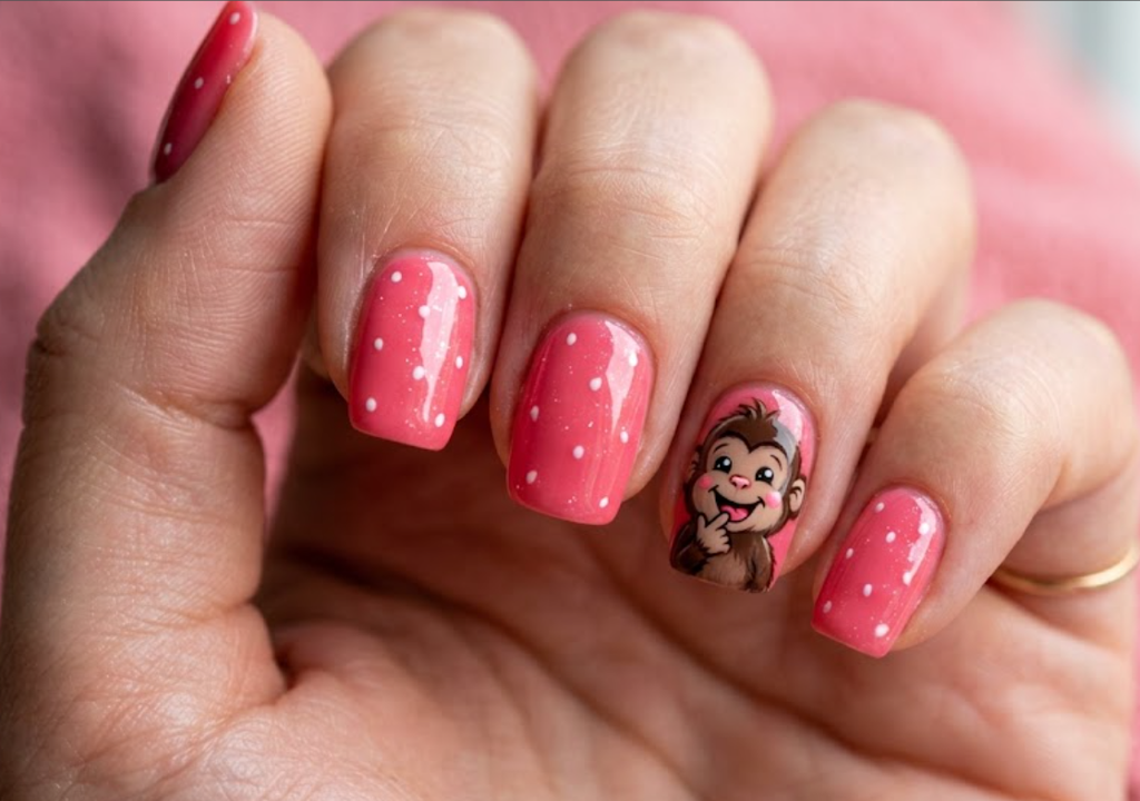 In this image, strawberry pink nails with a playful cartoon monkey