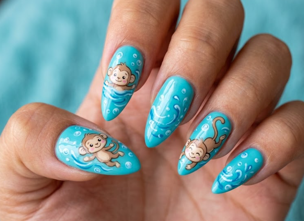 In this image, aqua nails with a cartoon monkey swimming