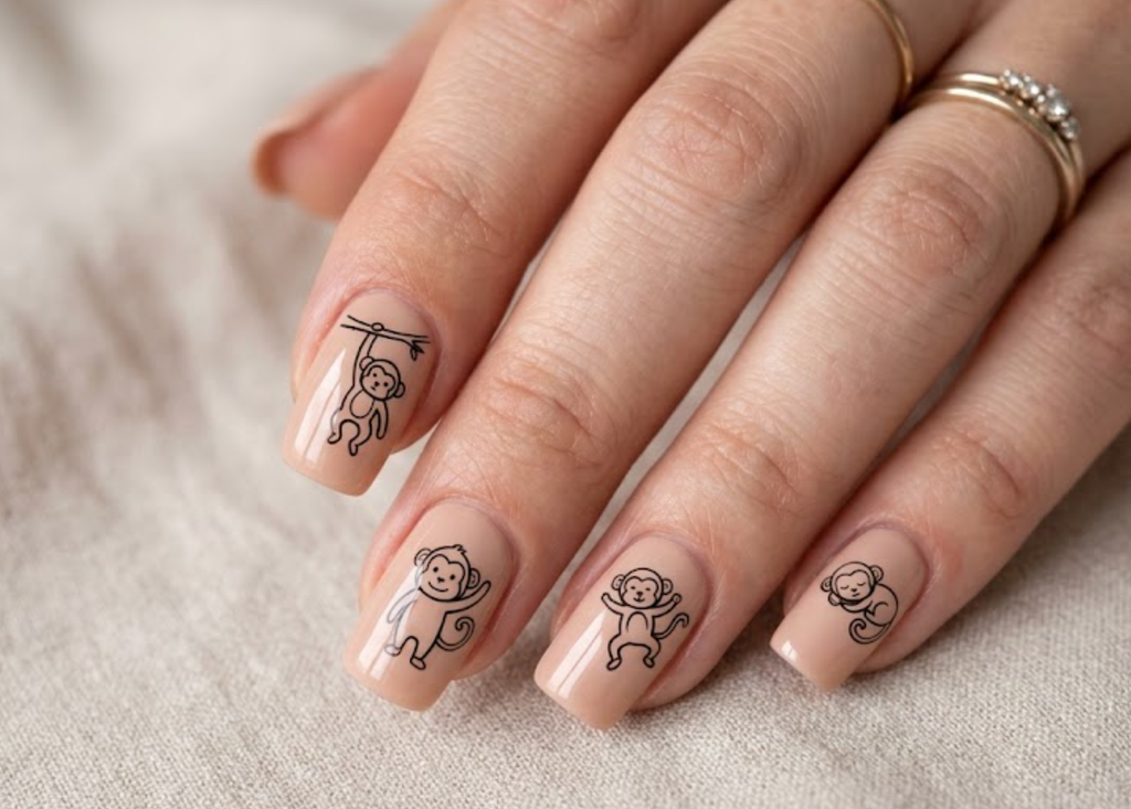 In this image, nude nails with minimalist cartoon monkey line art