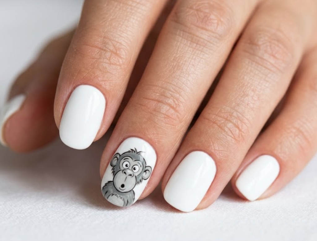 In this image, white nails with a surprised cartoon monkey portrait