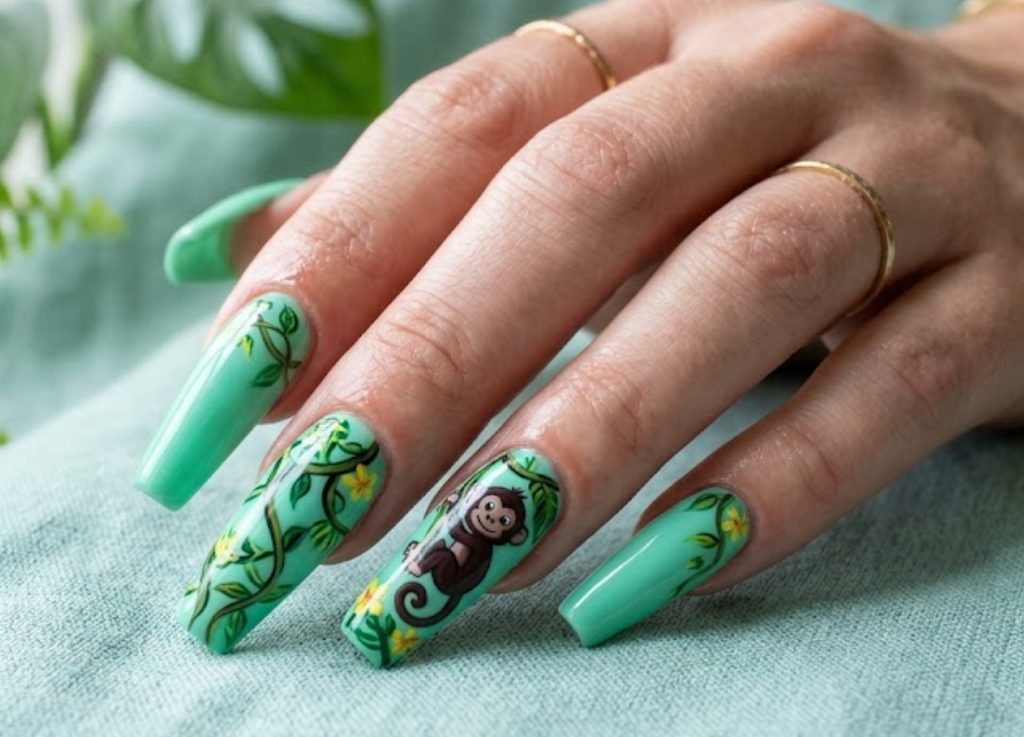 imIn this image, seafoam green nails with a cartoon monkey and jungle vinesIn this image, seafoam green nails with a cartoon monkey and jungle vines