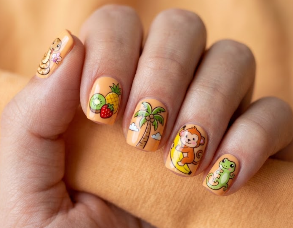 In this image, apricot nails with a cartoon monkey hugging a banana