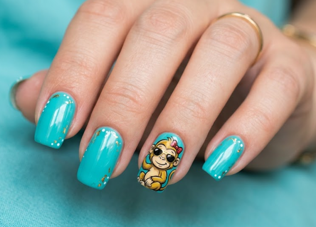In this image, turquoise nails with a cartoon monkey wearing sunglasses