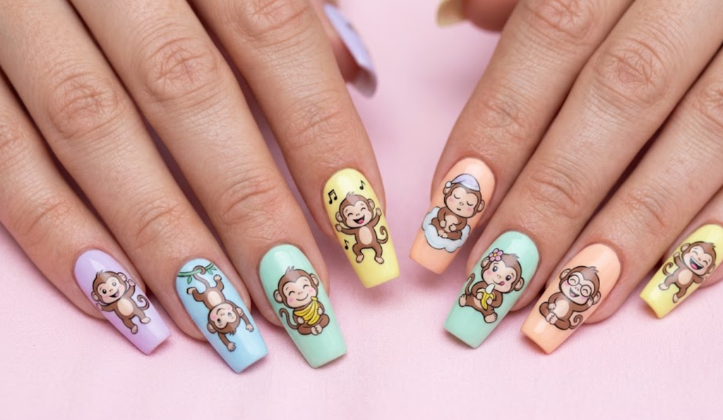 imageIn this image, pastel rainbow nails with different cartoon monkey characters