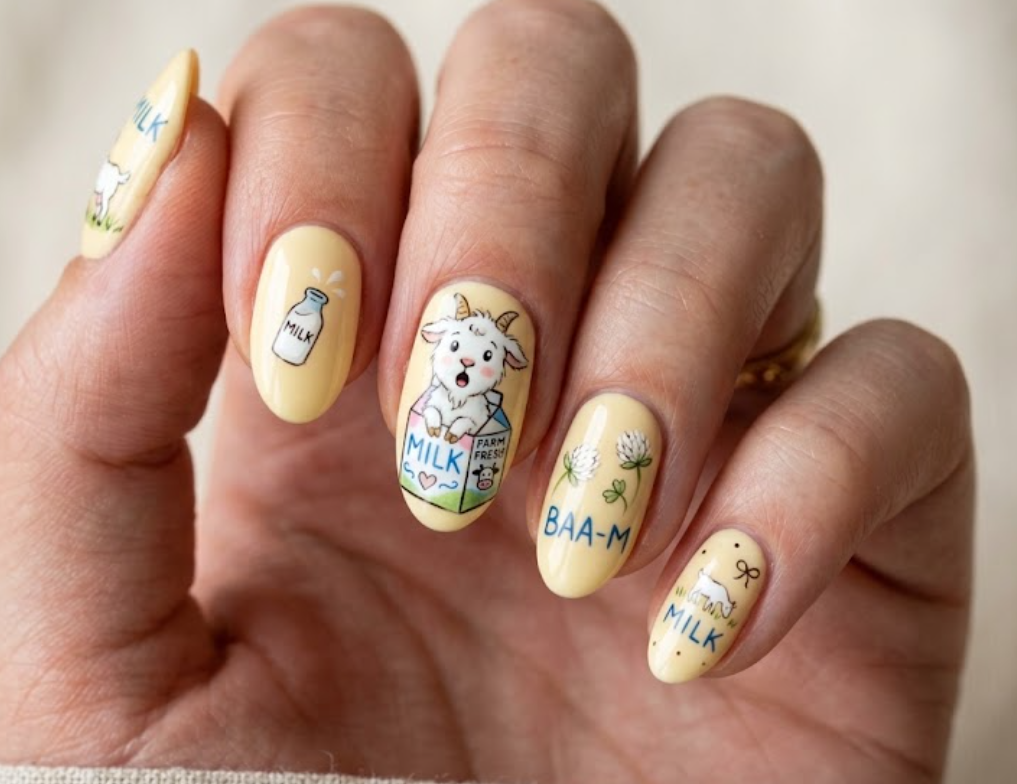 In this image, buttercream nails with a cute cartoon goat popping out of a milk carton