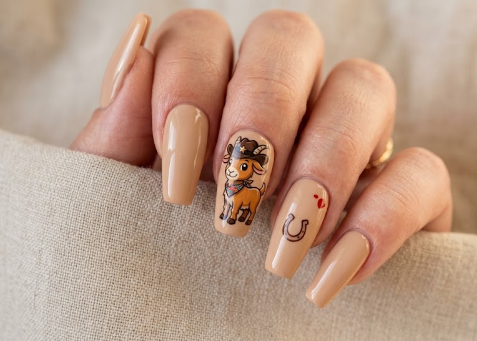 In this image, beige nails with a cartoon goat wearing a cowboy hat
