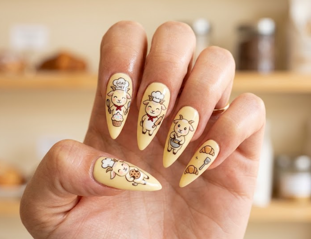In this image, pale yellow nails with a cartoon goat dressed as a chef