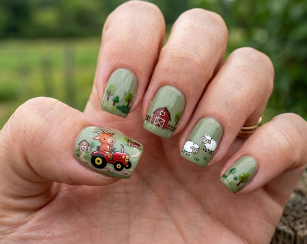 In this image, green nails with a cartoon goat riding a tiny tractor