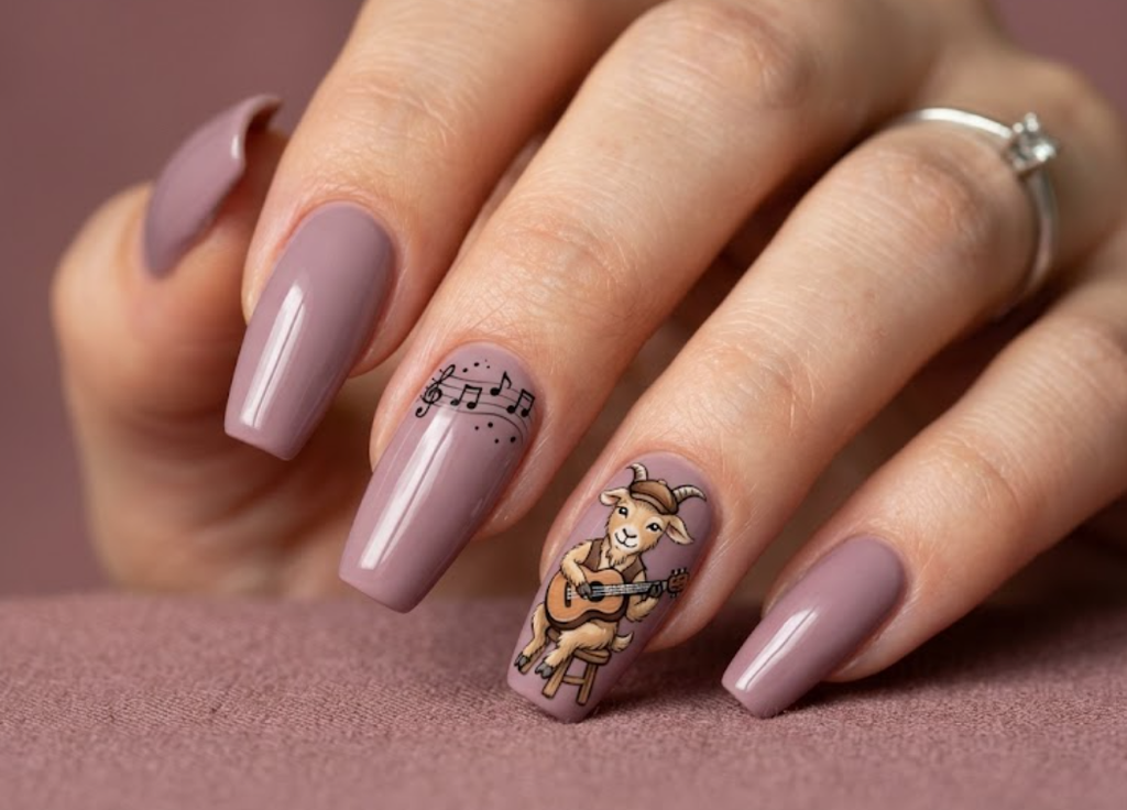In this image, mauve nails with a cartoon goat playing a tiny guitar