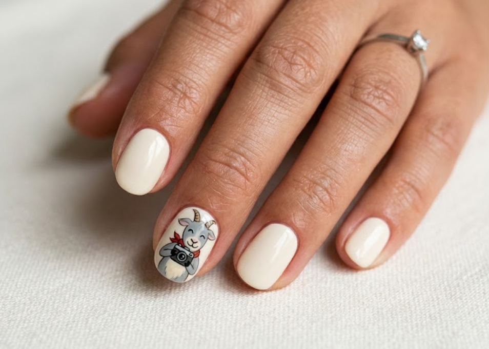 In this image, cream nails with a cartoon goat holding a camera