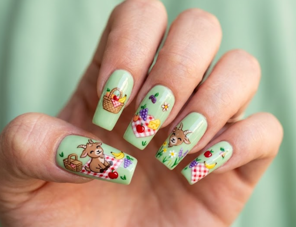 In this image, pastel green nails with a cartoon goat at a picnic