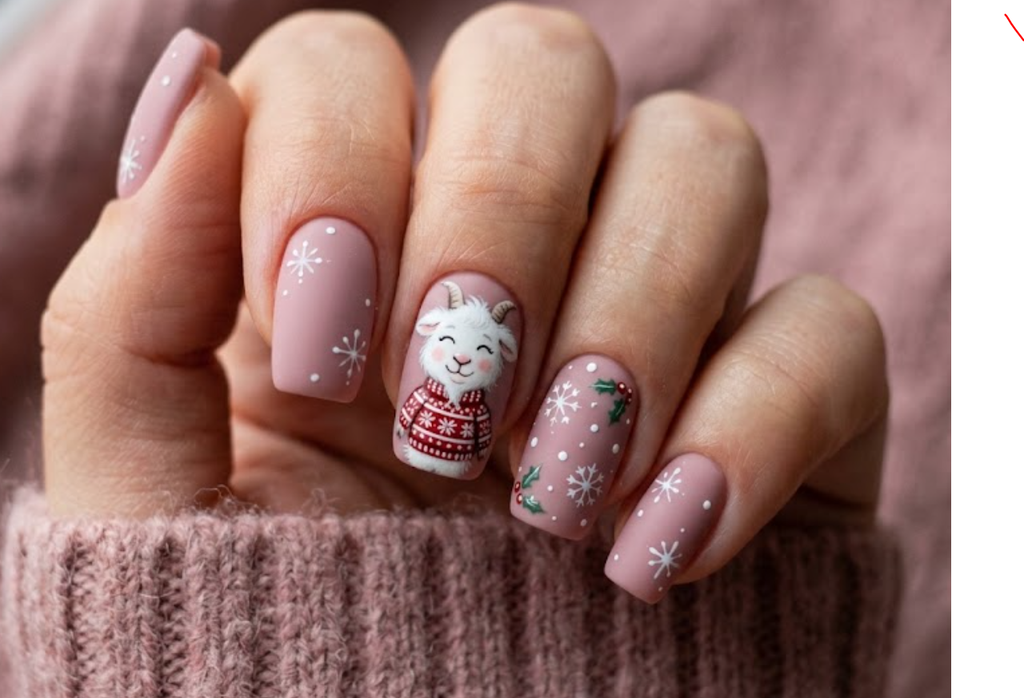 In this image, dusty pink nails with a cartoon goat wearing a sweater
