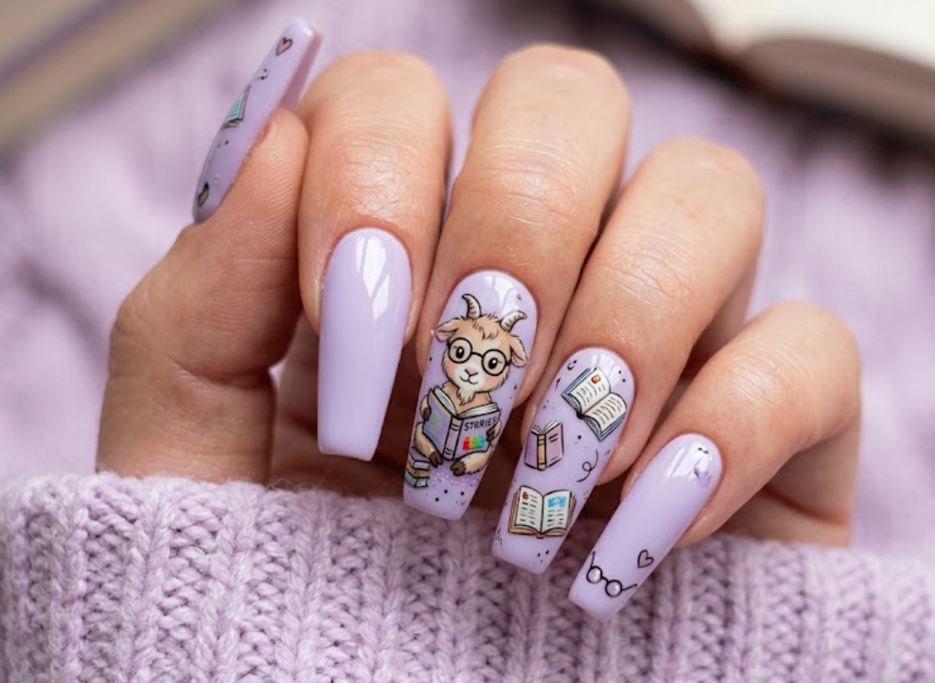 In this image, lavender nails with a cartoon goat reading a book