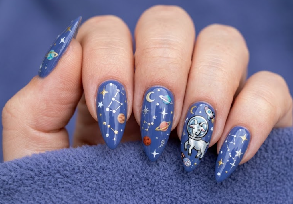 In this image, periwinkle nails with a cartoon goat dressed as an astronaut