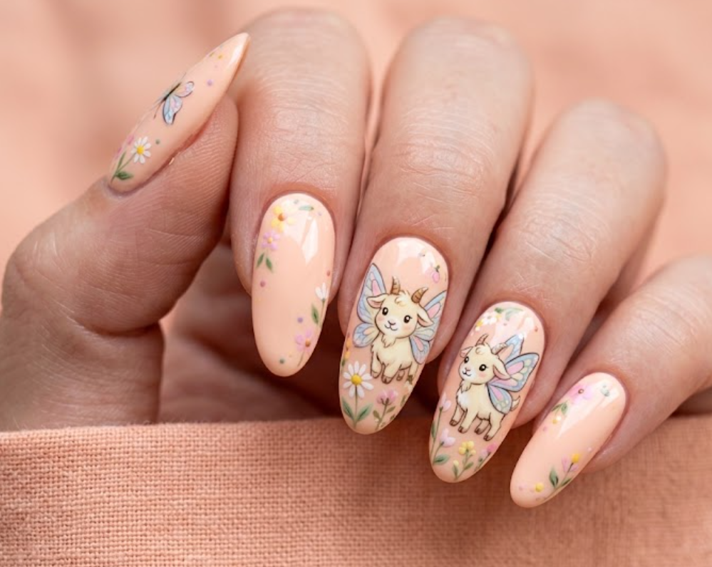 In this image, peach nails with a cartoon goat and butterfly wings