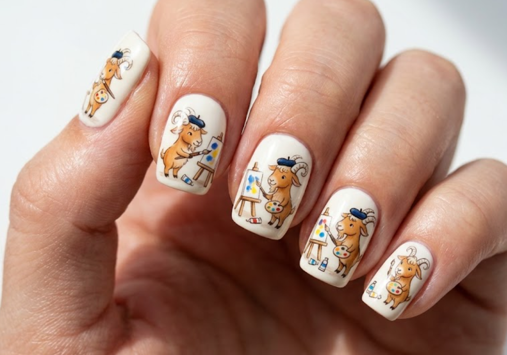 In this image, white nails with a cartoon goat painting on a canvas