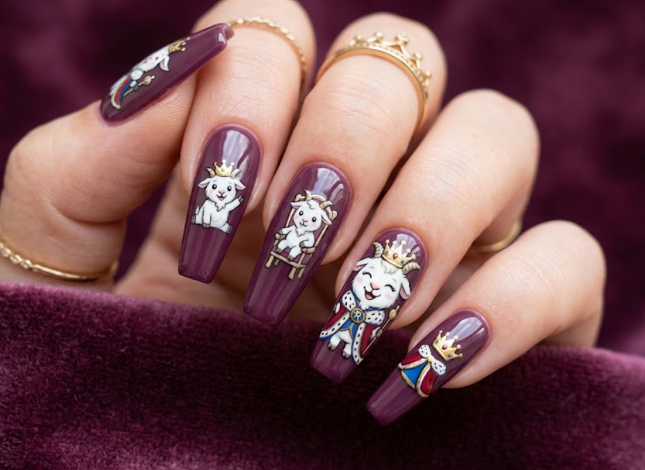 In this image, plum nails with a cartoon goat wearing a crown