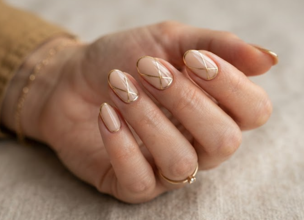 In this image, a woman's full hand highlights nude beige nails with intersecting arrow lines and gold outer borders, wearing a gold shirt.