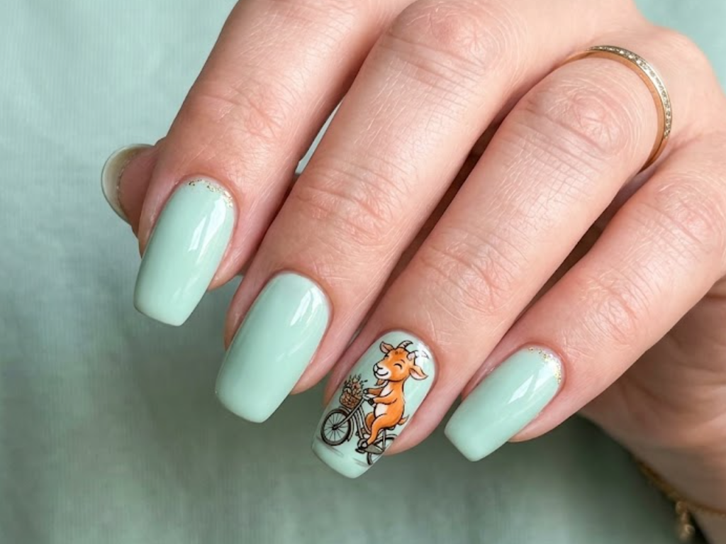 In this image, mint nails with a cartoon goat riding a bicycle