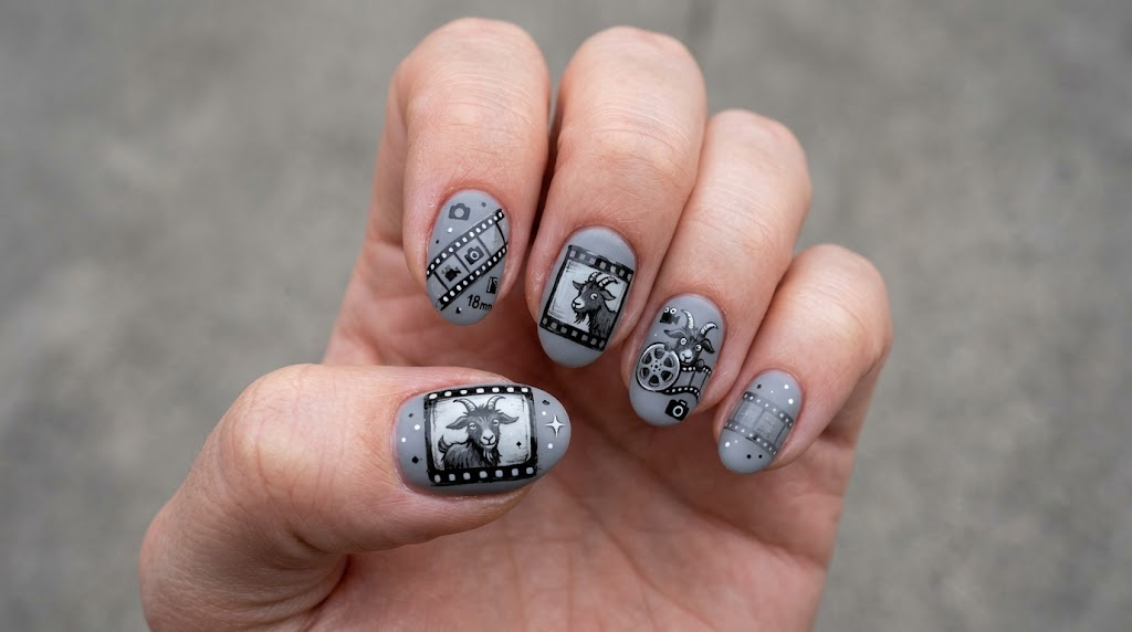 In this image, gray nails with a cartoon goat inside a film frame