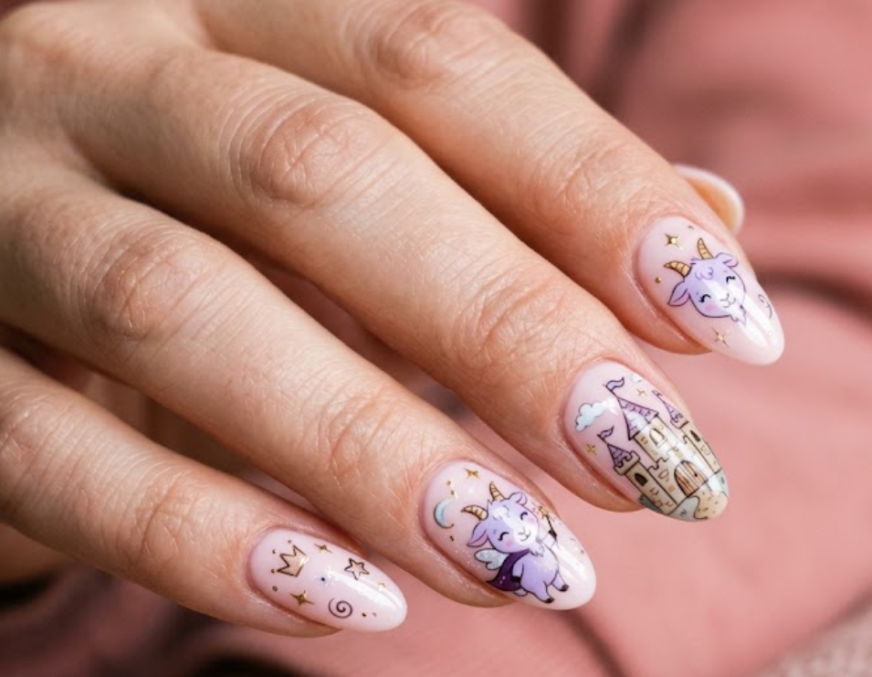 In this image, pink nails with a cartoon goat beside a fairy-tale castle