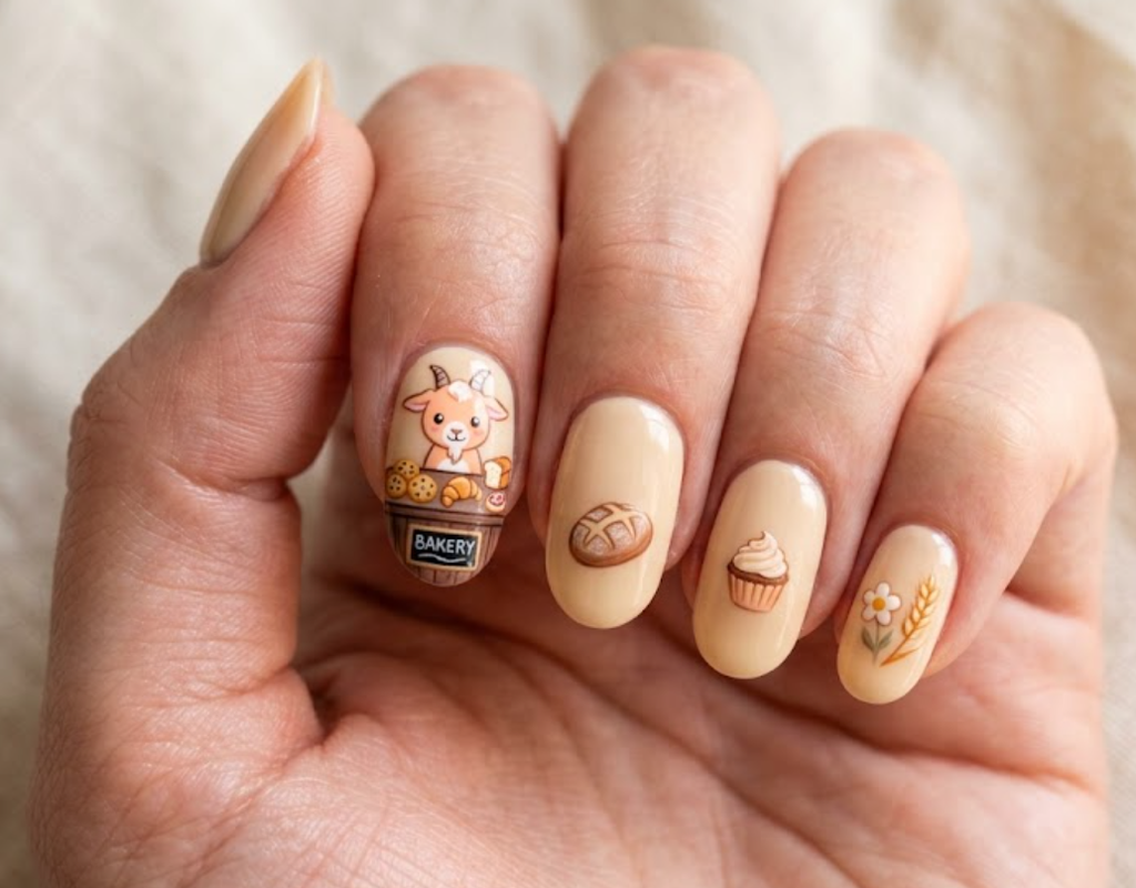 In this image, vanilla nails with a cartoon goat in a bakery