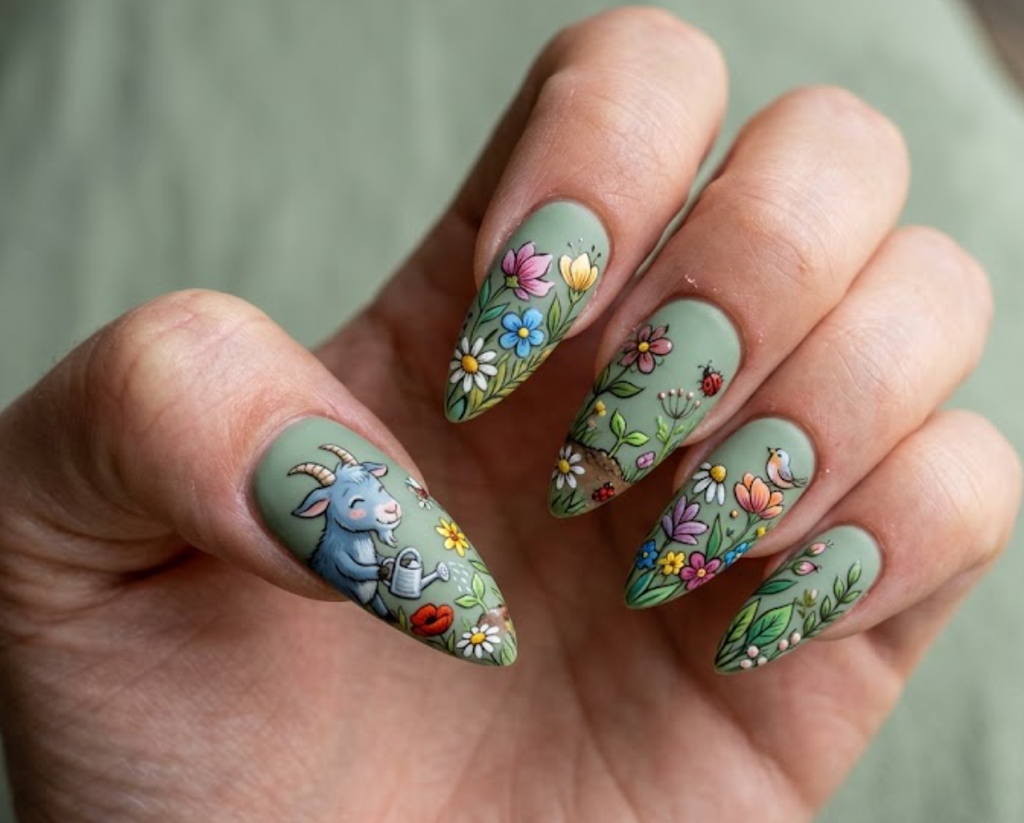 In this image, sage nails with a cartoon goat watering flowers