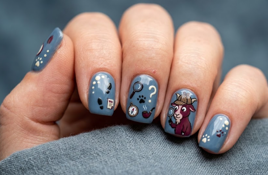 In this image, smoky blue nails with a cartoon goat dressed as a detective
