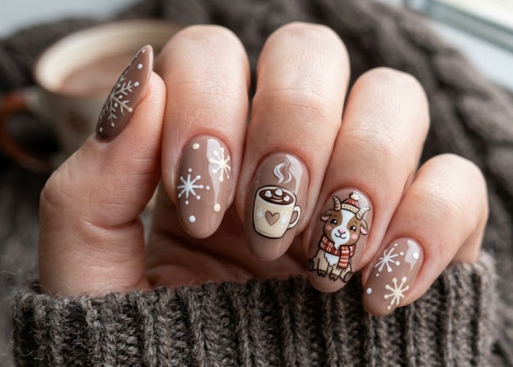 In this image, mocha nails with a cartoon goat enjoying hot cocoa