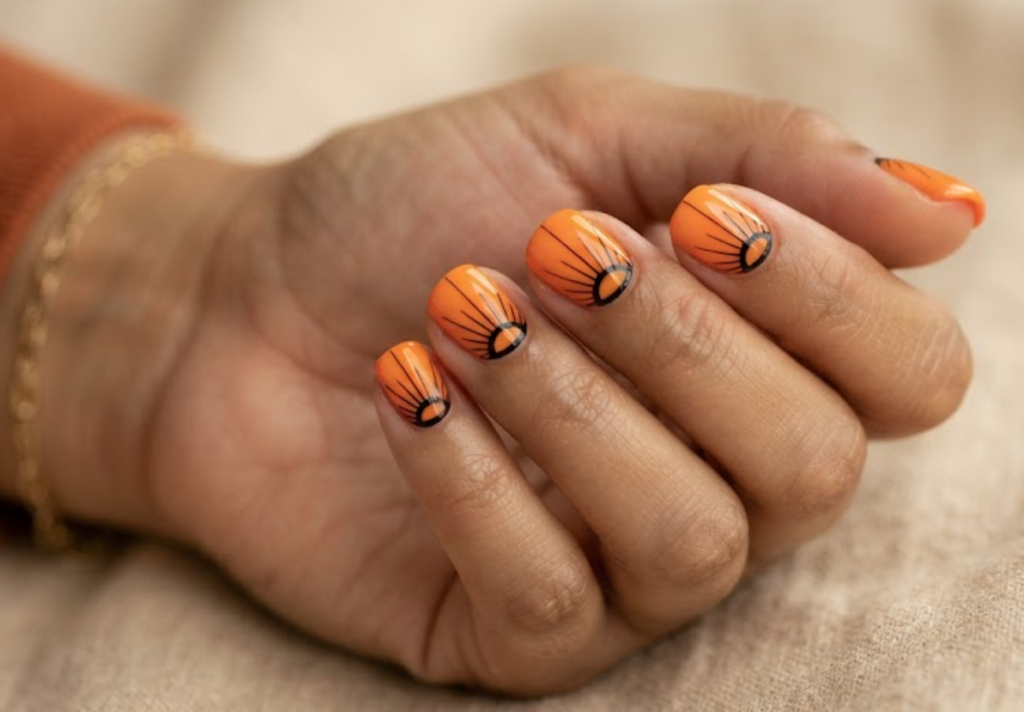 In this image, a woman's full hand displays bright orange nails with upward sunburst lines and black cuticle arcs, wearing a burnt-orange shirt.