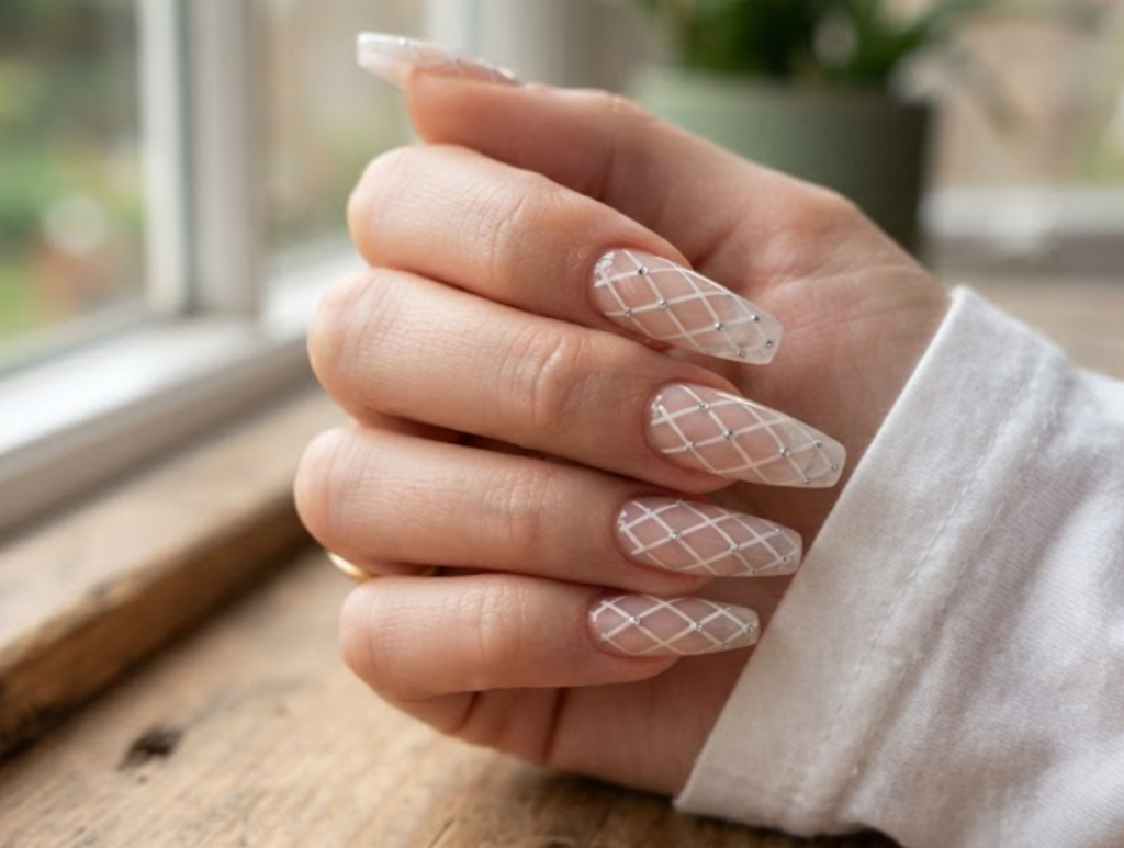 In this image, a woman's full hand shows transparent nails with white argyle diamond nets and silver intersection dots, wearing a white shirt.