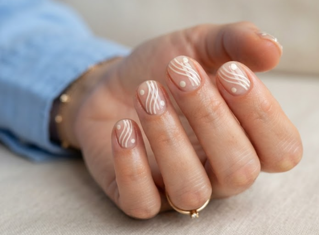 imaIn this image, a woman's full hand shows glossy clear nails with three wavy parallel diagonal lines and floating circles, wearing a light blue shirt.ge